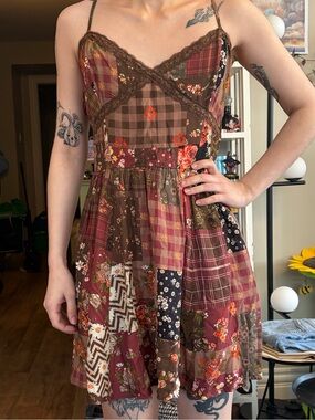 Patchwork Floral Spaghetti-Strap Mini Dress — Brown Multi
